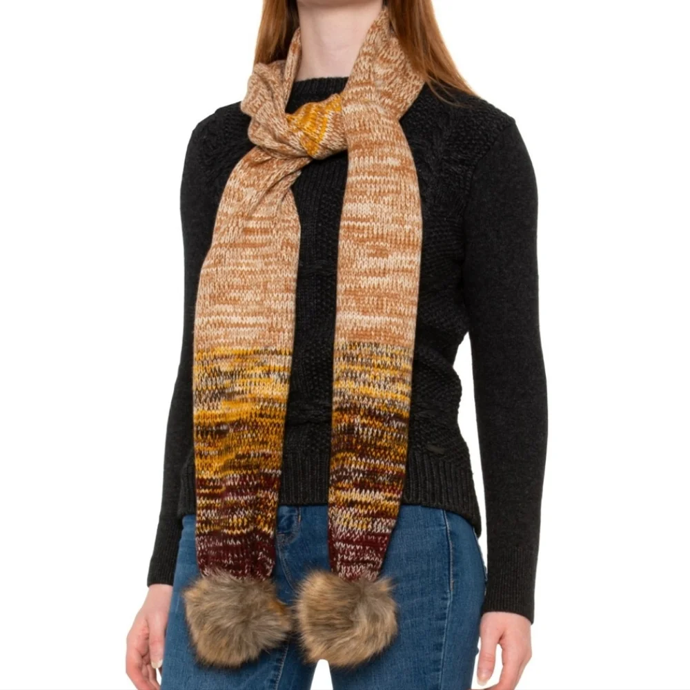 Frye Camel Multi Marl Knit Faux Fur Pom Pom Scarf - Picture 2 of 4